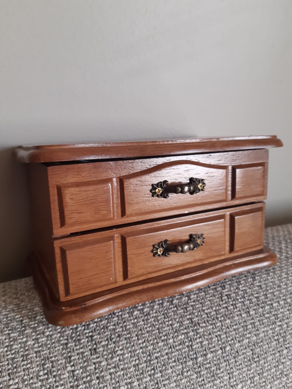 Vintage Wooden Jewelry Box with Ornate Brass Handles - Brown